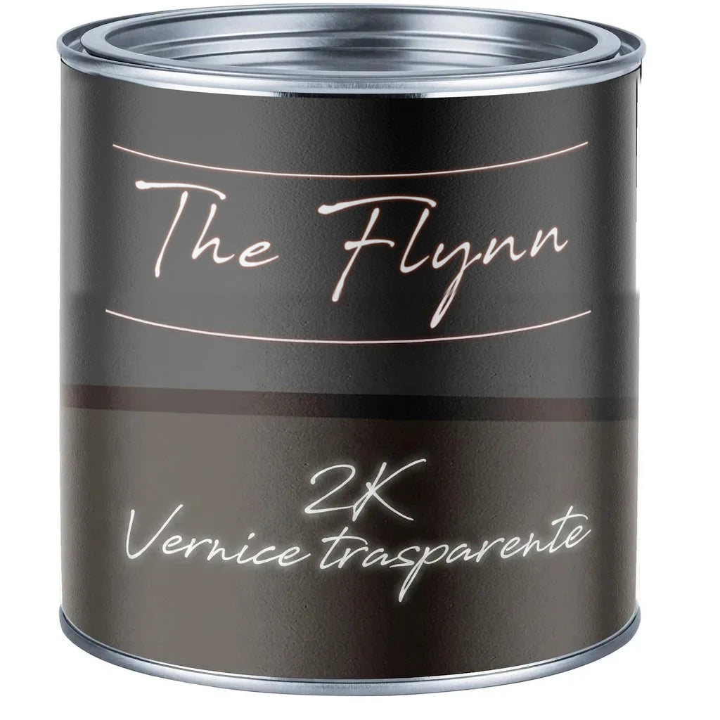 Lattina di vernice scura con etichetta The Flynn 2k Klarlack, contenente lacca trasparente.