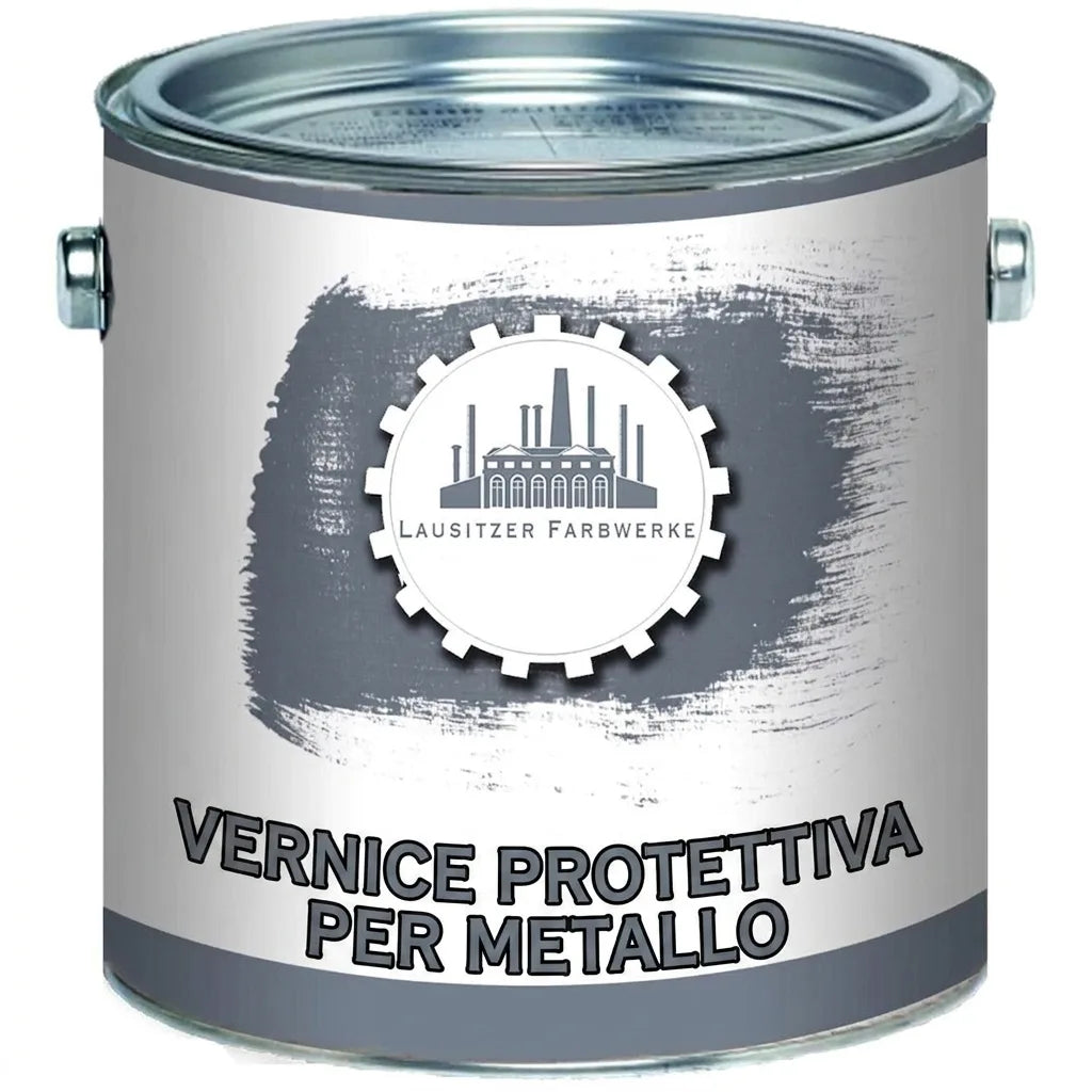 Barattolo di pittura antiruggine grigia con testo 'Rostschutzfarbe' e logo Lausitzer Farbwerke.