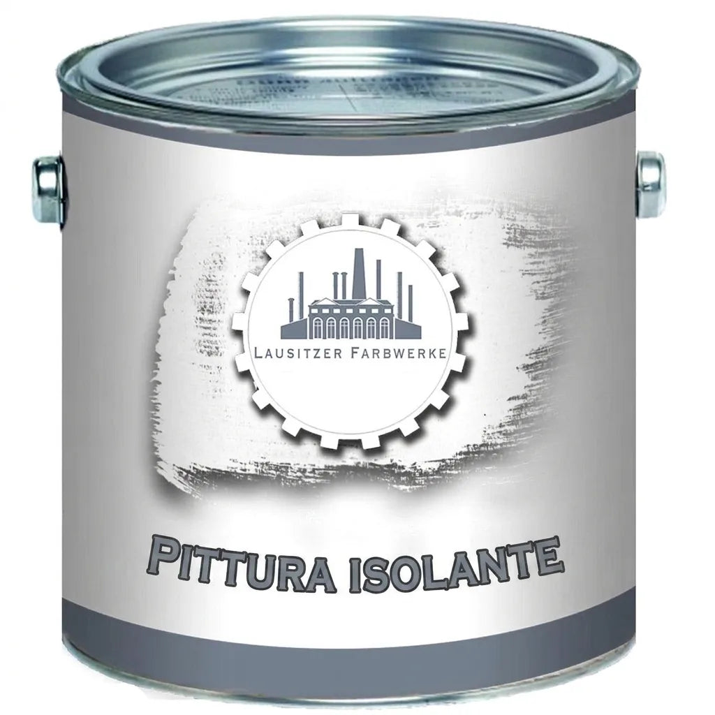Barattolo di vernice isolante grigio con logo Lausitzer Farbwerke.
