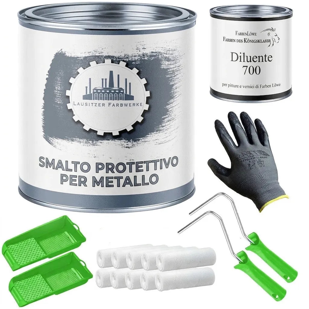 Set pittura metallo: vernice protettiva grigia, diluente, 2 rulli, 8 manicotti, 2 vaschette, guanto lavoro.