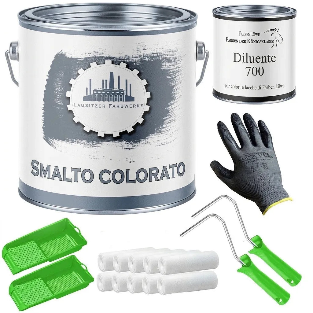 Kit pittura completo con vernice BUNTLACK, diluente, rulli, manici, vassoi e guanti. Farben Löwe.