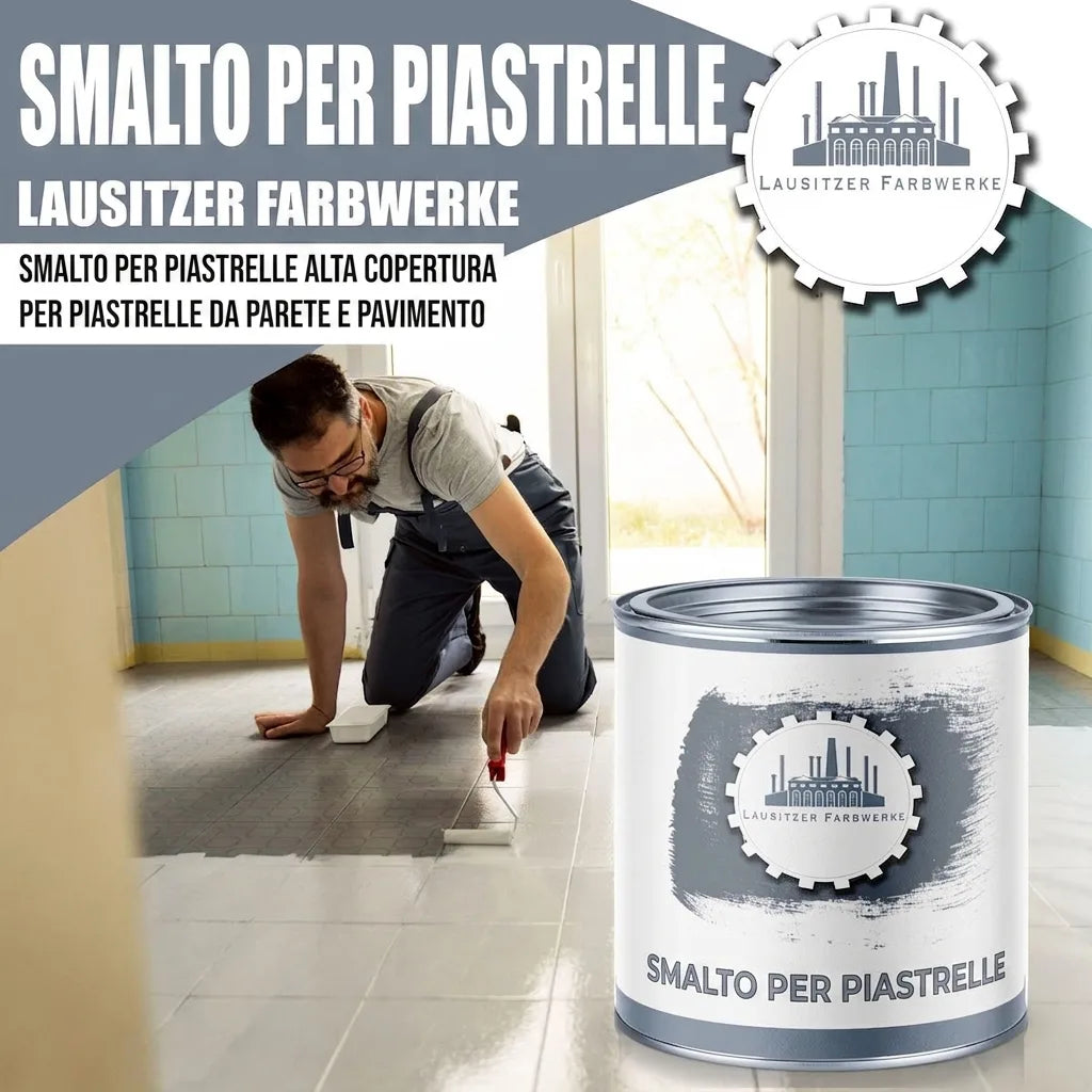 Vernice per piastrelle 'FLIESENLACK' ad alta copertura per pareti e pavimenti. Un uomo le applica.