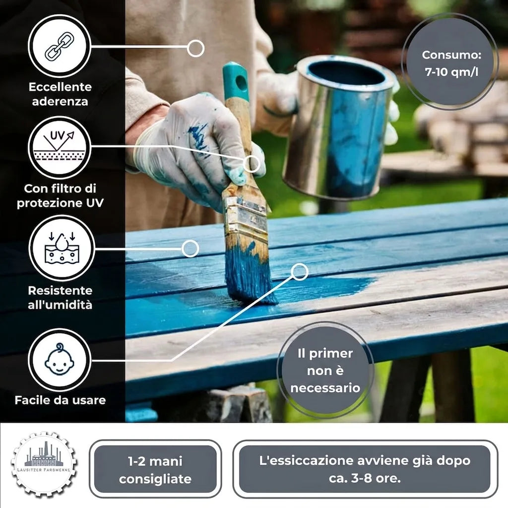 Vernice blu per legno applicata con pennello. Ottima adesione, protezione UV, resistente all'umidità e facile da usare.