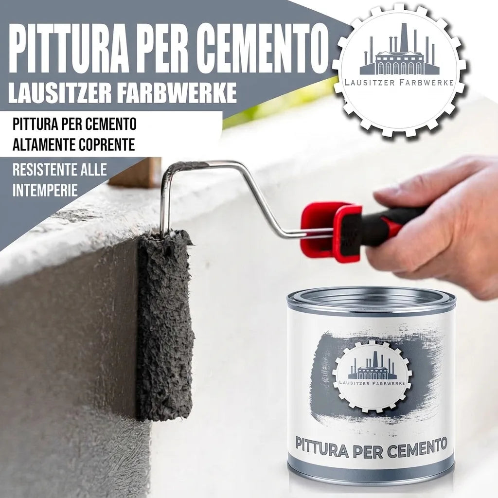 Mano che pittura cemento con vernice grigia scura. Latta di 'BETONFARBE' Lausitzer Farbwerke, resistente alle intemperie.