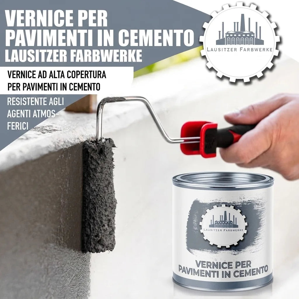 Vernice per cemento ad alta copertura e resistente alle intemperie. Una mano applica la vernice con un rullo.