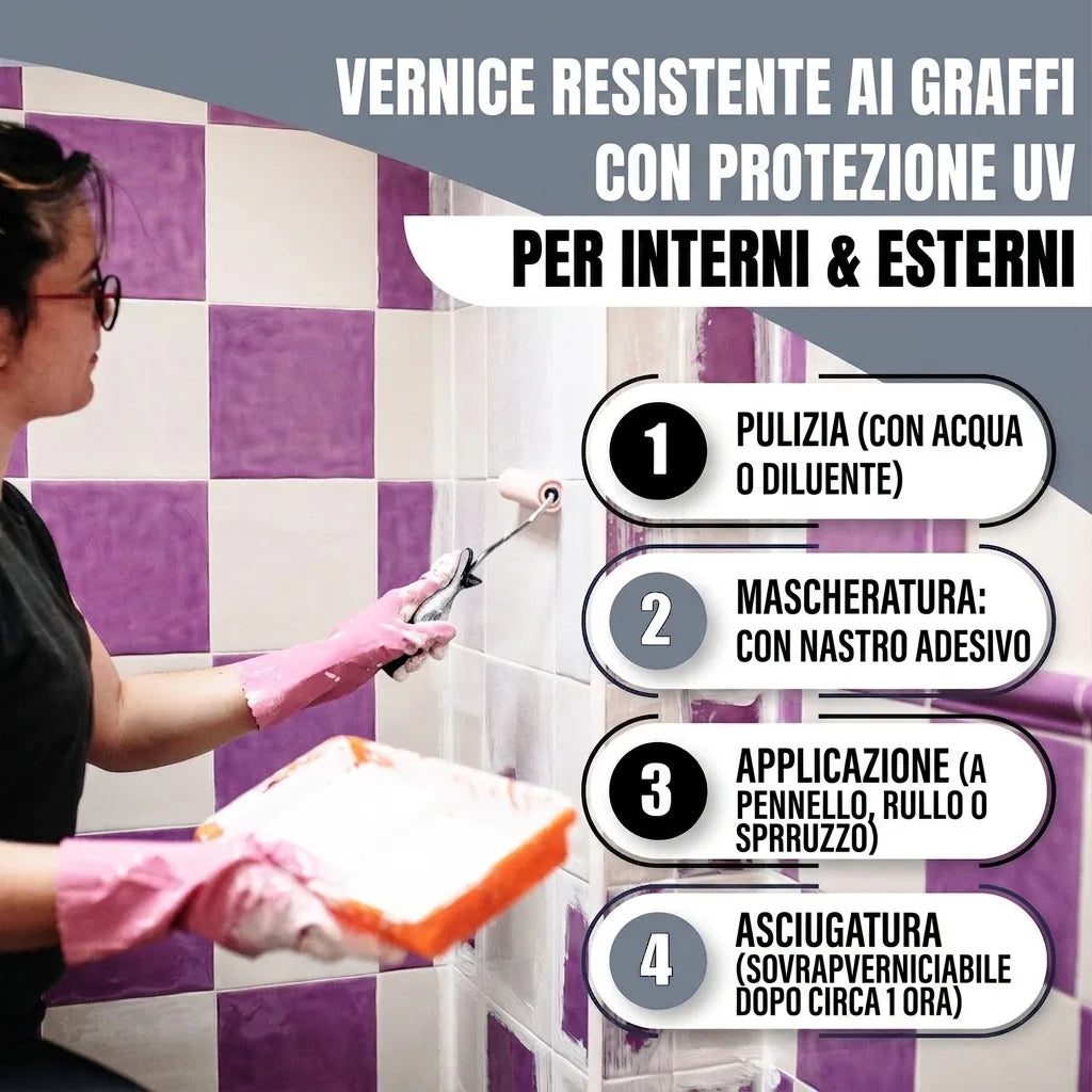 Donna pittura piastrelle con vernice antigraffio UV. Istruzioni per applicazione interna ed esterna.