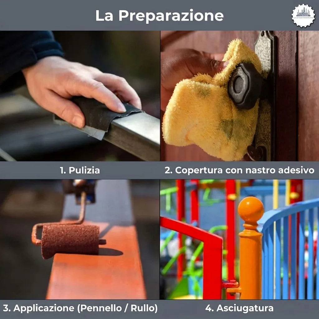 Quattro passaggi per preparare e dipingere superfici: pulizia, mascheratura, pittura con rullo, asciugatura.