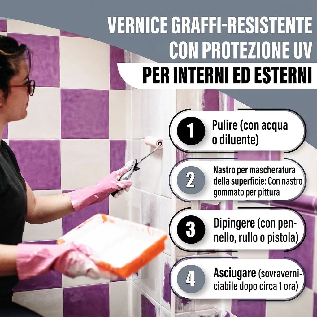 Vernice antigraffio e con protezione UV per interni ed esterni. Include istruzioni per applicazione su piastrelle.