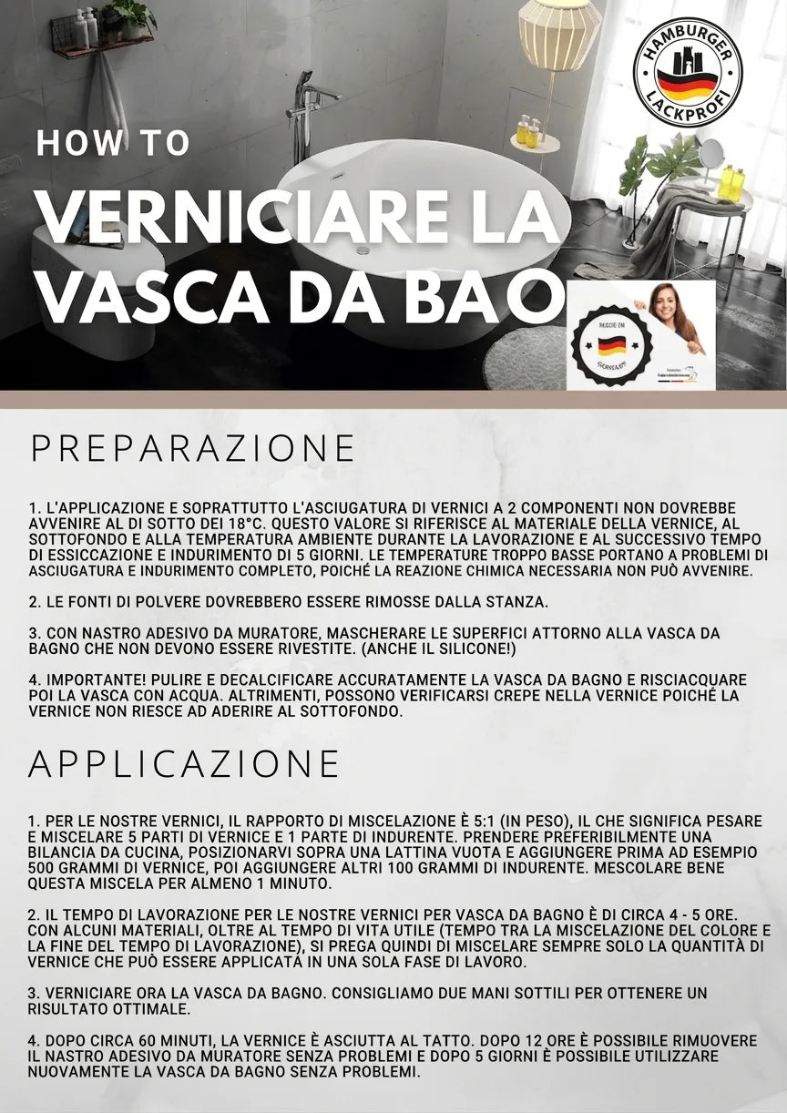 Istruzioni dettagliate su come verniciare una vasca da bagno, con fasi di preparazione e applicazione.