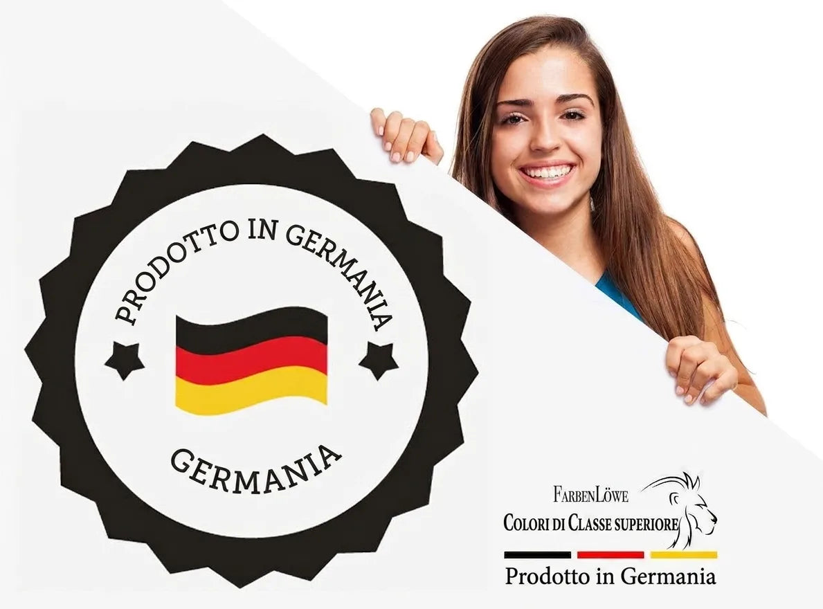 Donna che mostra etichetta 'Made in Germany' e logo FarbenLöwe 'Colori della Classe Reale' con bandiera tedesca.