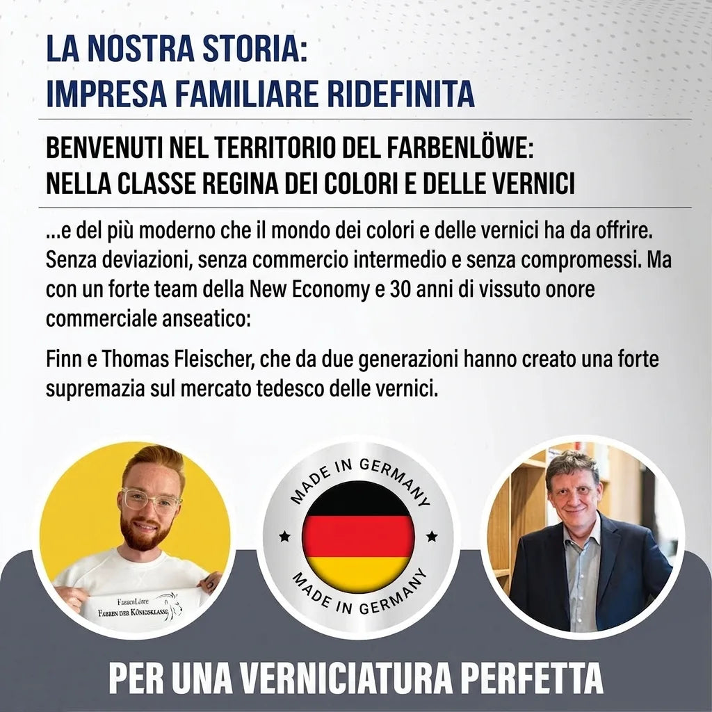 Articolo su FarbLöwe, azienda tedesca di vernici. Con i fondatori Fleischer e badge 'Made in Germany'.