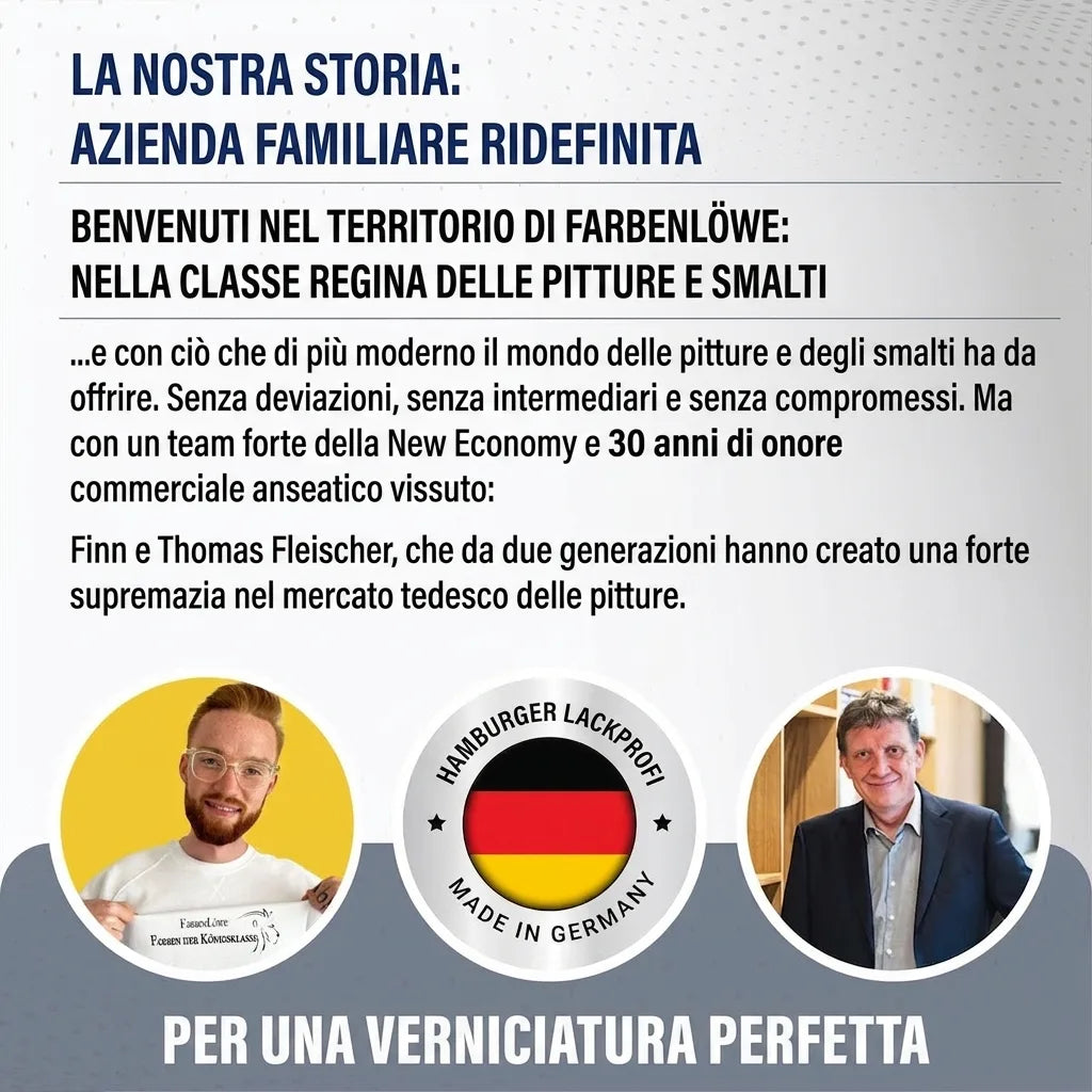 Farbenlöwe: azienda di vernici tedesca, qualità 'Made in Germany' con Finn e Thomas Fleischer, due generazioni.