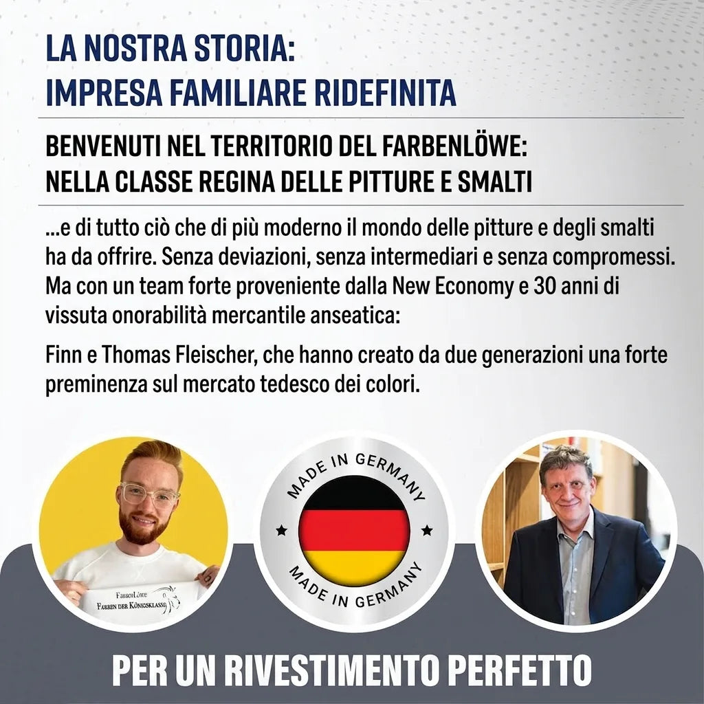 Grafica marketing in tedesco di un'azienda familiare di vernici, con fondatori e stemma Made in Germany.