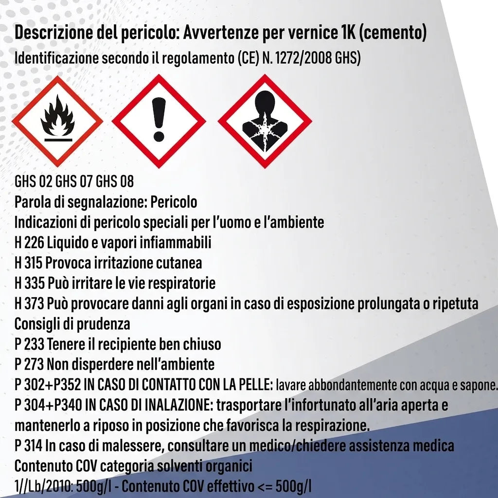 Etichetta di sicurezza con avvertenze per vernice 1K (cemento), pittogrammi GHS e frasi di rischio e precauzione.