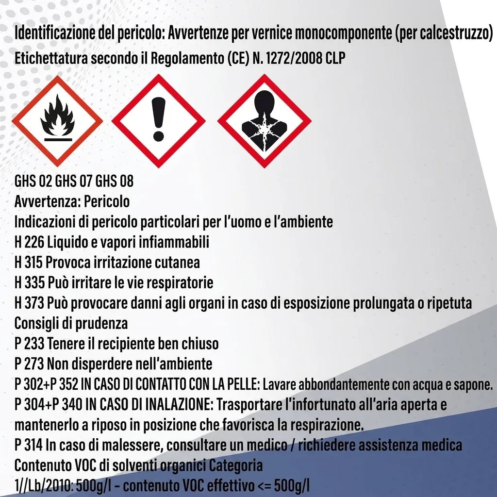 Etichetta di avvertenza GHS per vernice monocomponente per cemento, con pittogrammi di pericolo e precauzioni.