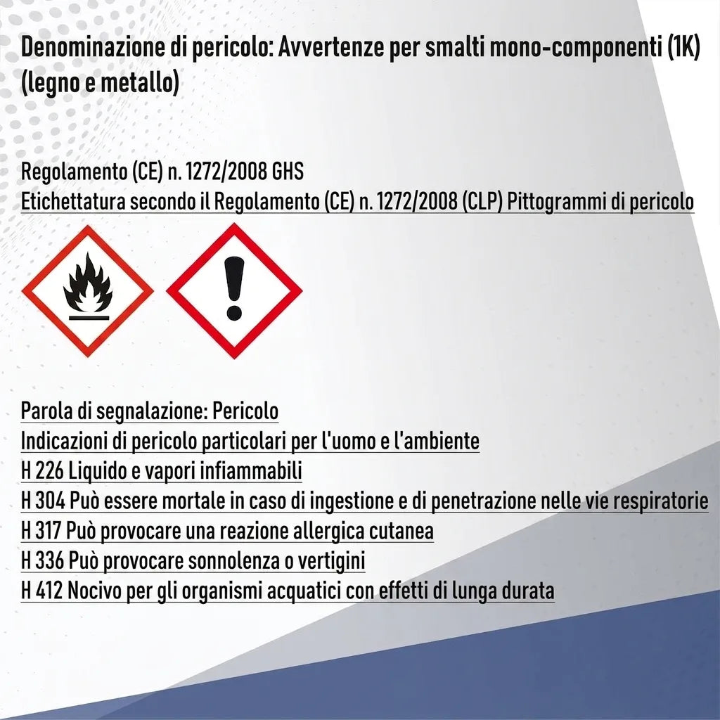 Etichetta di sicurezza per vernici 1K (legno e metallo) con pittogrammi di pericolo GHS e frasi H.