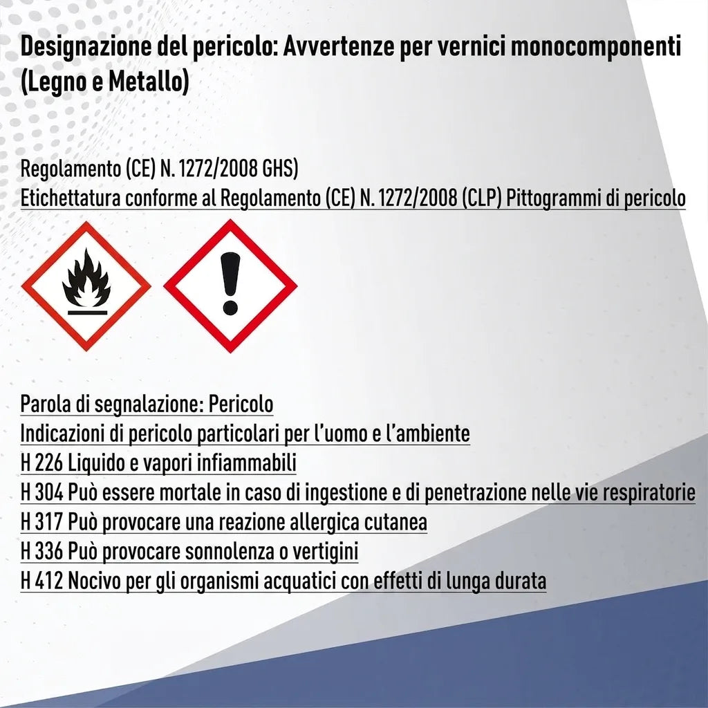 Etichetta di avvertenza per vernici 1K (legno e metallo) con pittogrammi di pericolo e indicazioni GHS.