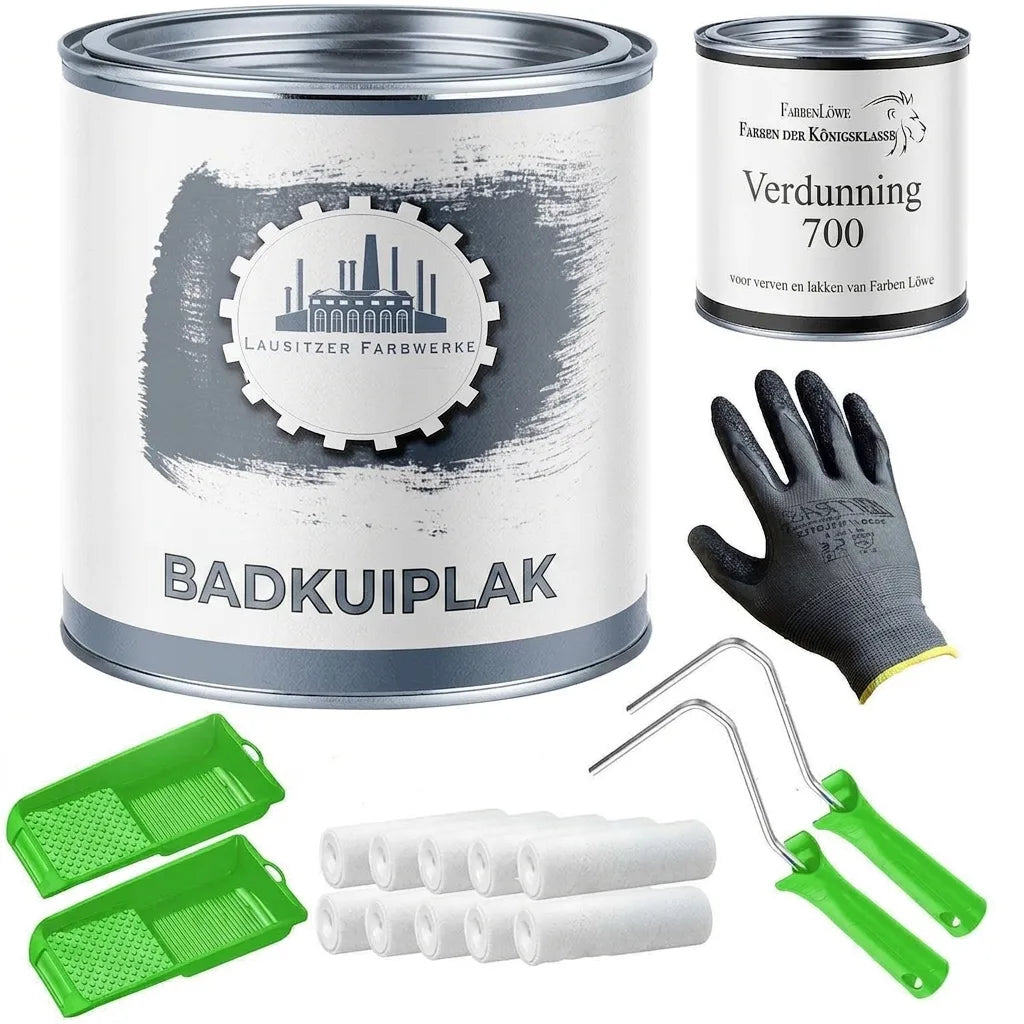 Complete set voor badkuipvernieuwing met badkuiplak, verdunner, verfrollers, verfbakjes en beschermhandschoen.