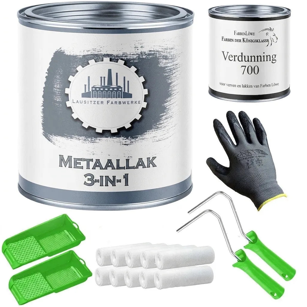Metaallak 3-in-1, verdunning, verfrollers, verfbakjes en handschoen. Complete set voor metalen oppervlakken.