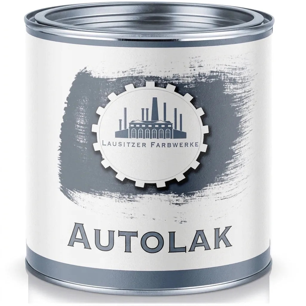 Grijze verfblik voor autolak van Lausitzer Farbwerke, met fabriekslogo en kwaststreek.