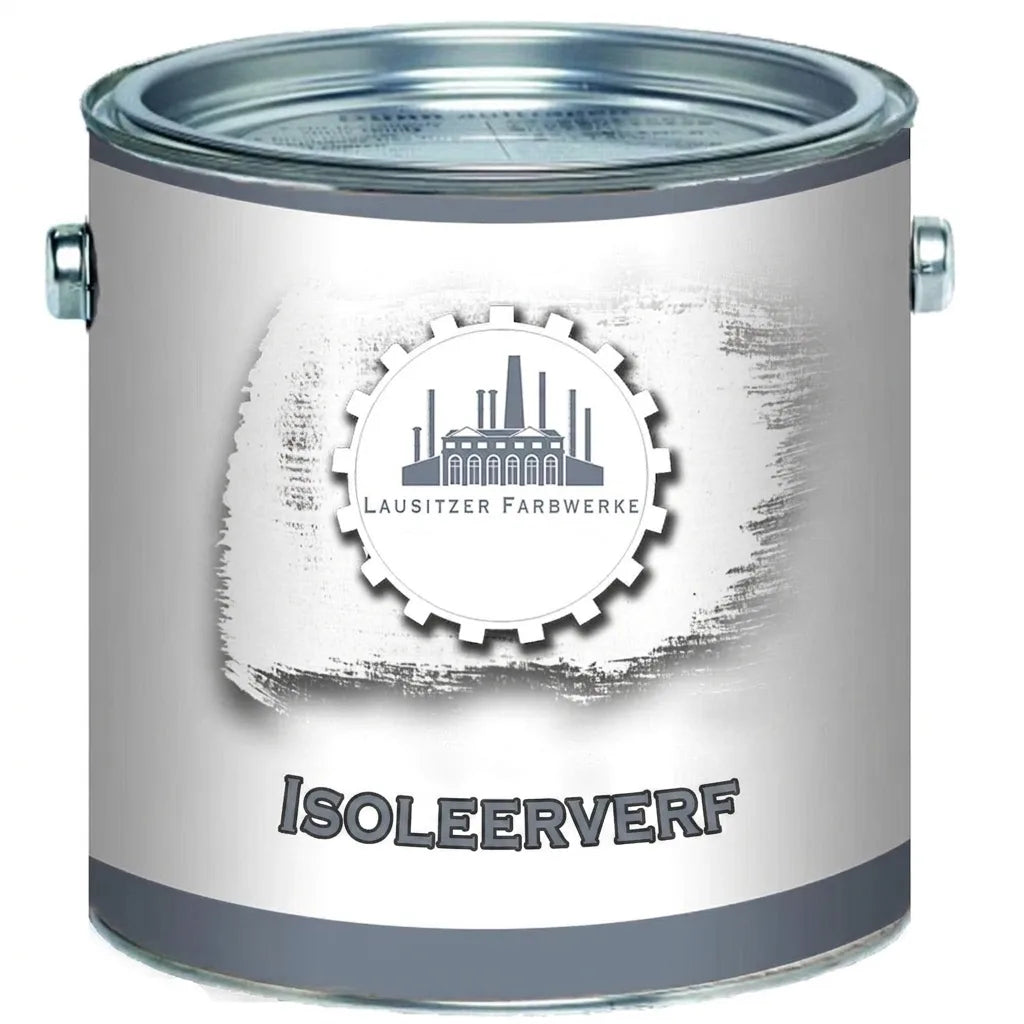Witte verfblik met grijs etiket. Bevat logo LAUSITZER FARBWERKE en de tekst ISOLIERFARBE (isolerende verf).