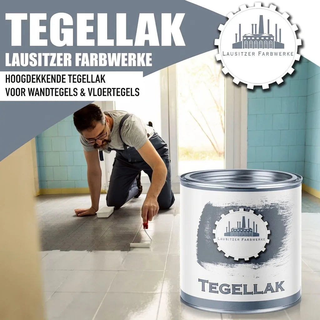 Man schildert tegels met hoogdekkende Lausitzer Farbwerke tegellak voor wand- en vloertegels. Blik verf.
