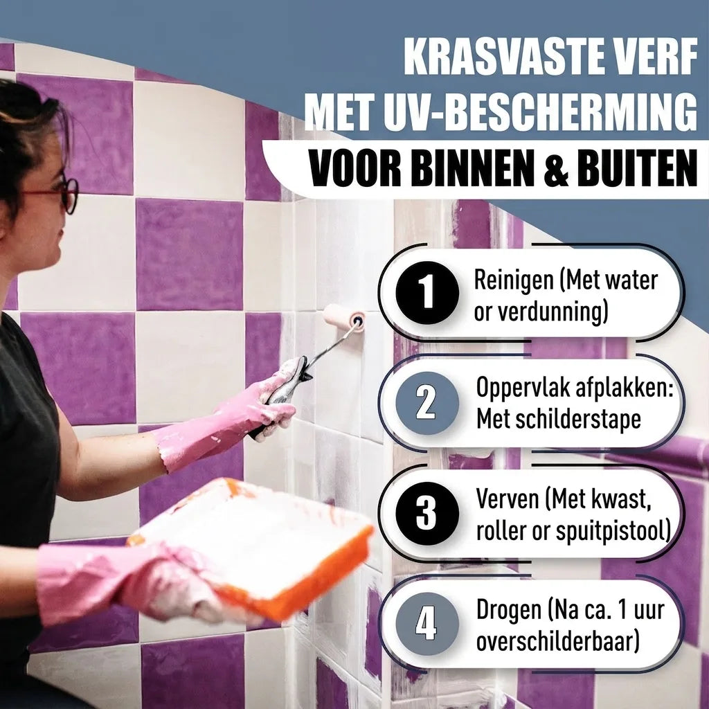 Vrouw schildert tegels met krasbestendige UV-verf voor binnen & buiten. Inclusief stappenplan.