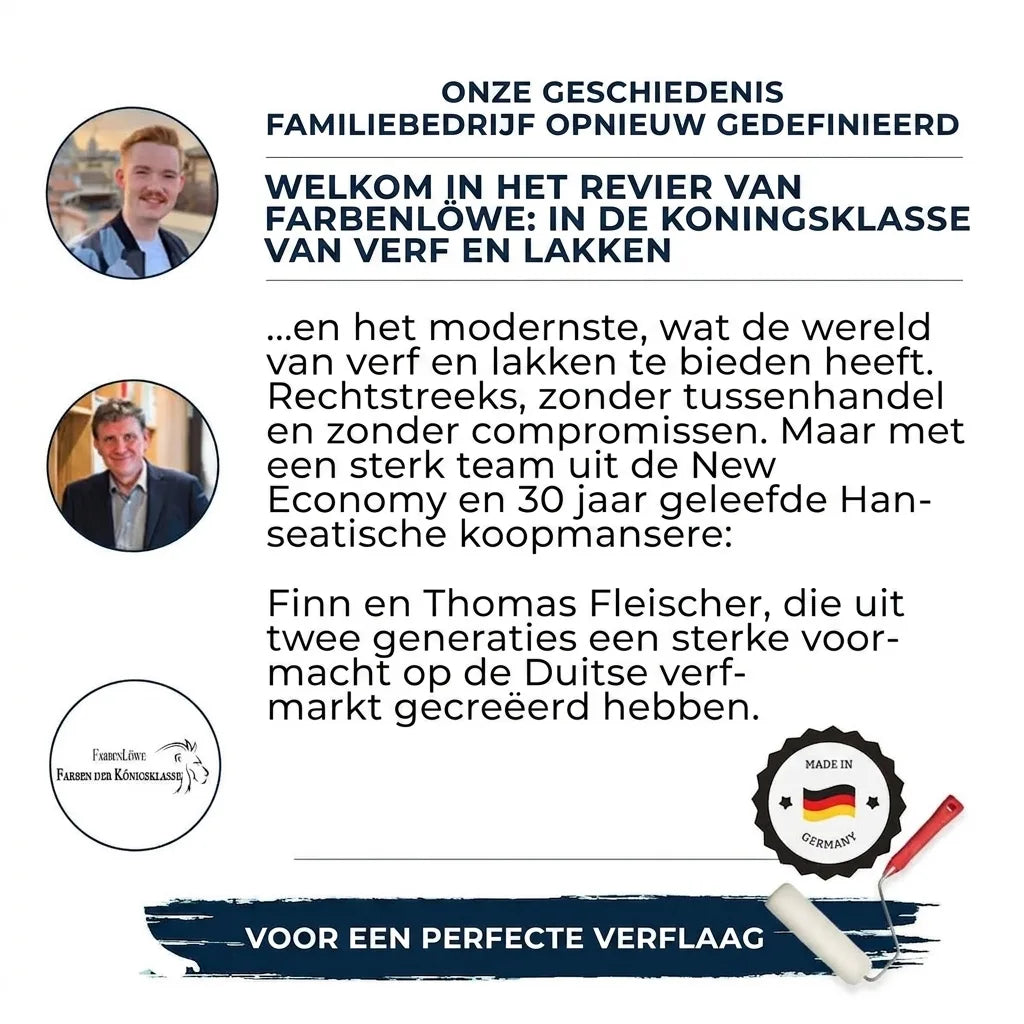 Duitse familiebedrijf Farbenlöwe voor verf en lakken, met Finn en Thomas Fleischer, 'Made in Germany'.