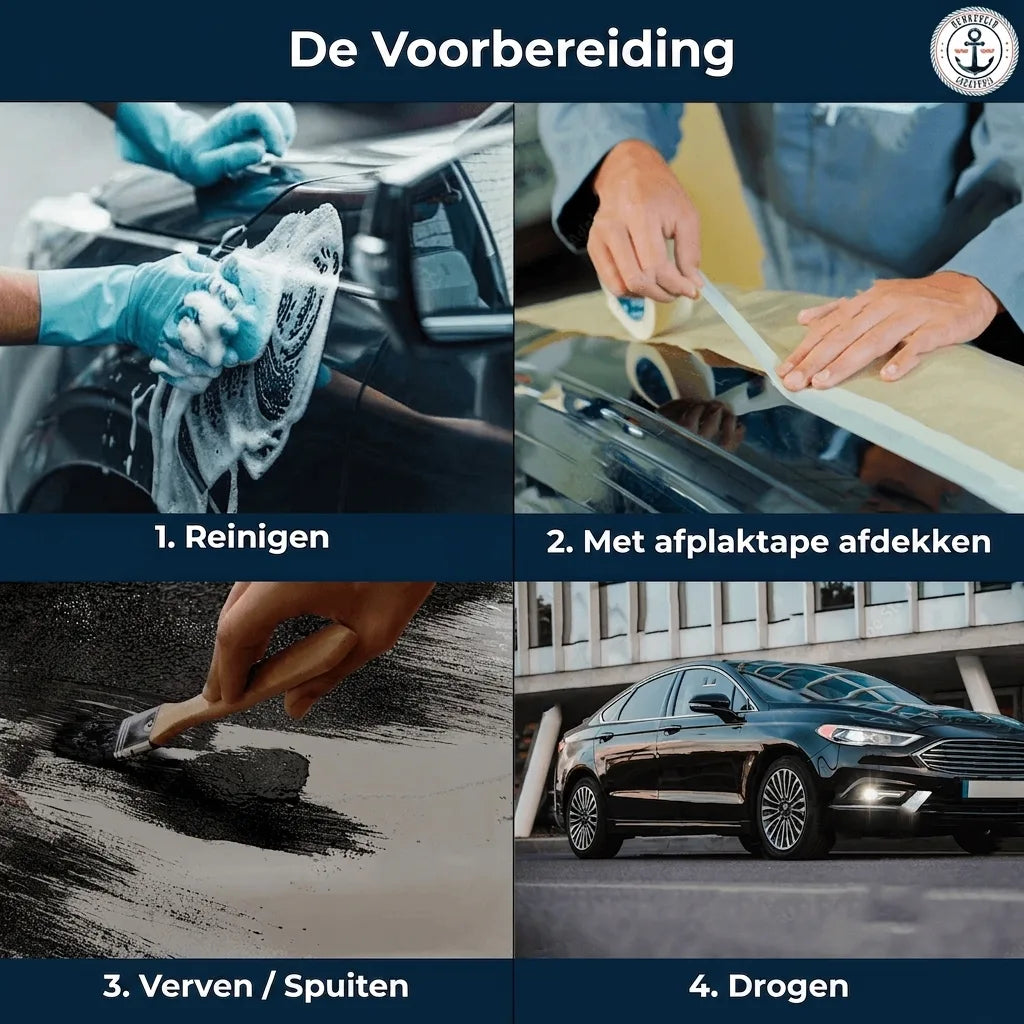 Vier stappen voor auto voorbereiding: reinigen, afplakken, verven/spuiten en drogen.