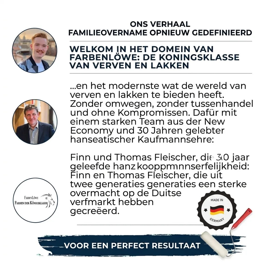 Portret van twee mannen met tekst over het familiebedrijf Farbenlöwe, verf en lak van topkwaliteit, made in Germany.