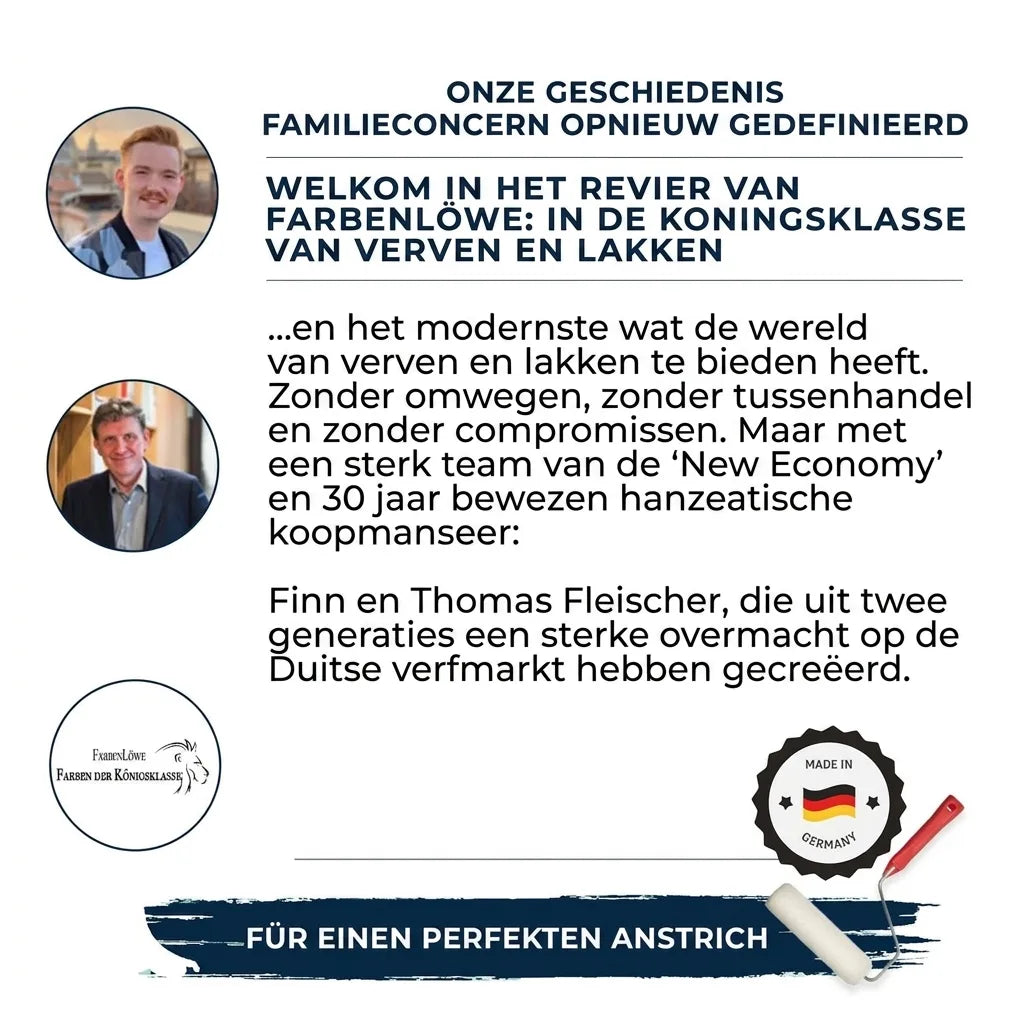 Familiebedrijf Farbenlöwe presenteert zichzelf met twee generaties en verf van koningsklasse, Made in Germany.
