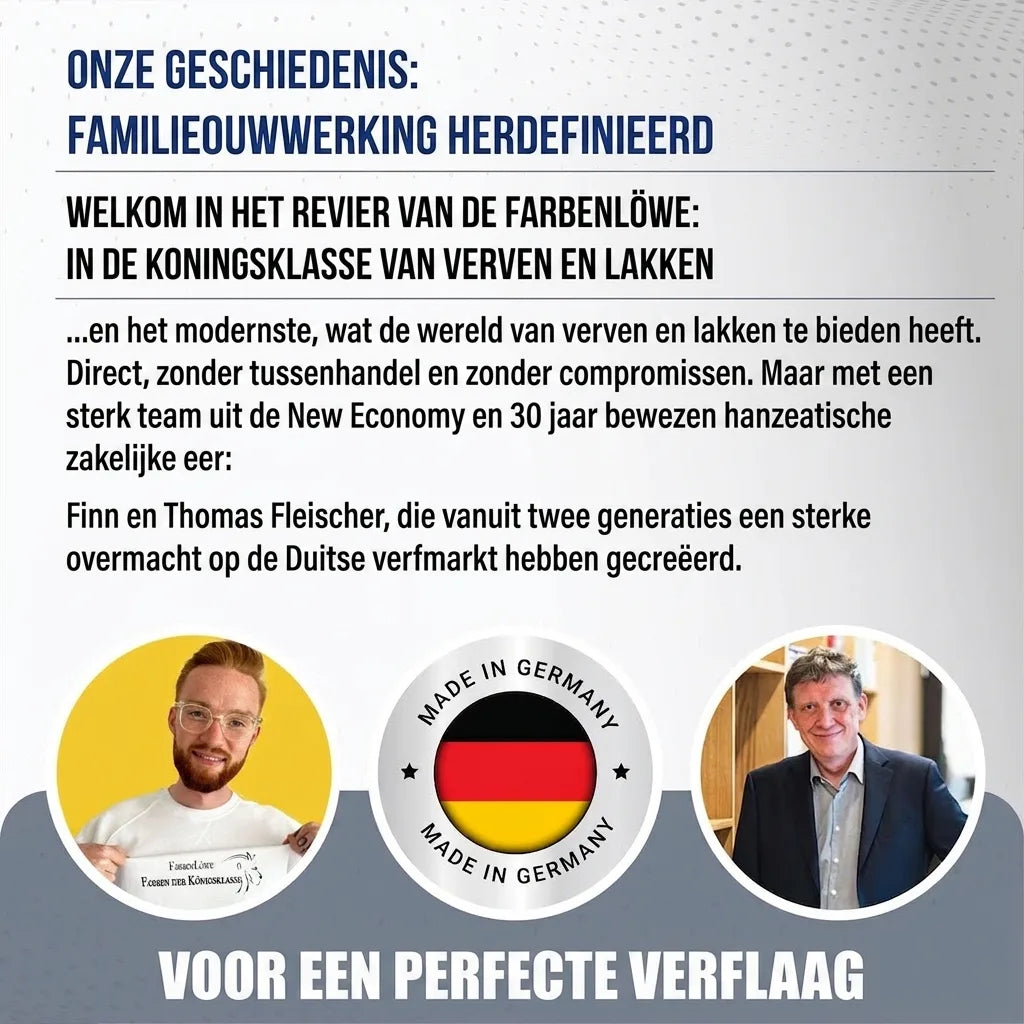 Duitse advertentie: 'Onze Geschiedenis' van familiebedrijf Farbenlöwe door Finn en Thomas Fleischer.