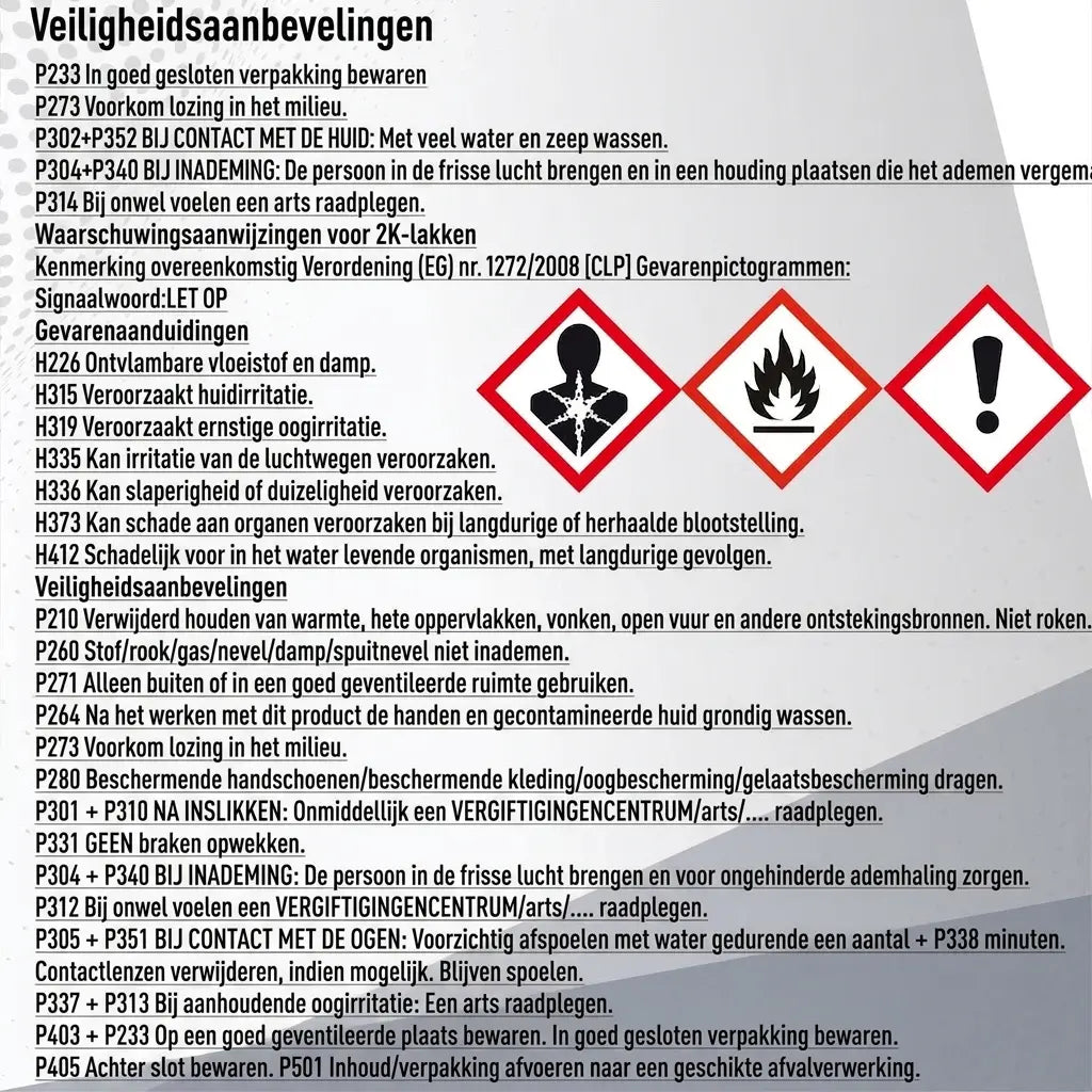 Veiligheidsinstructies voor 2K-lak in het Duits met bijbehorende gevarenpictogrammen.