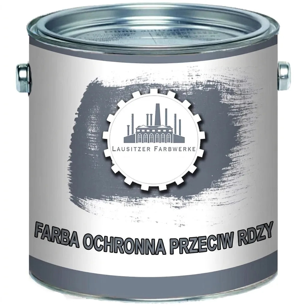 Szara puszka farby antykorozyjnej Lausitzer Farbwerke. Na etykiecie napis „ROSTSCHUTZFARBE”.