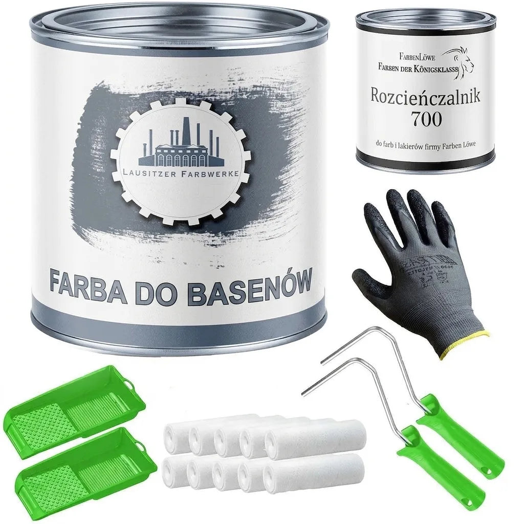Zestaw malarski do basenu: farba Lausitzer, rozcieńczalnik FarbenLöwe, kuwety, wałki, rękawice.