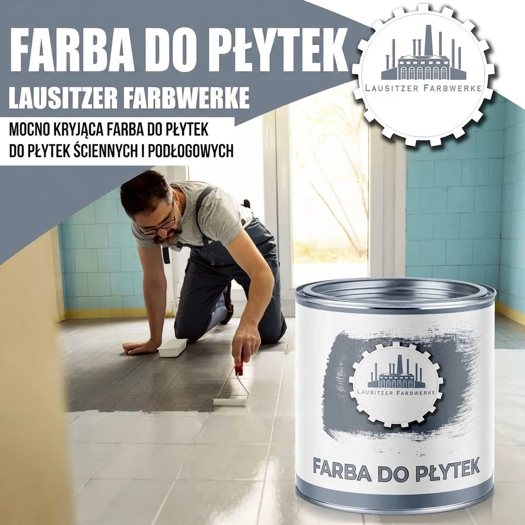 Mężczyzna malujący płytki podłogowe. Farba do płytek Lausitzer Farbwerke, wysokopokrywająca, do ścian i podłóg.