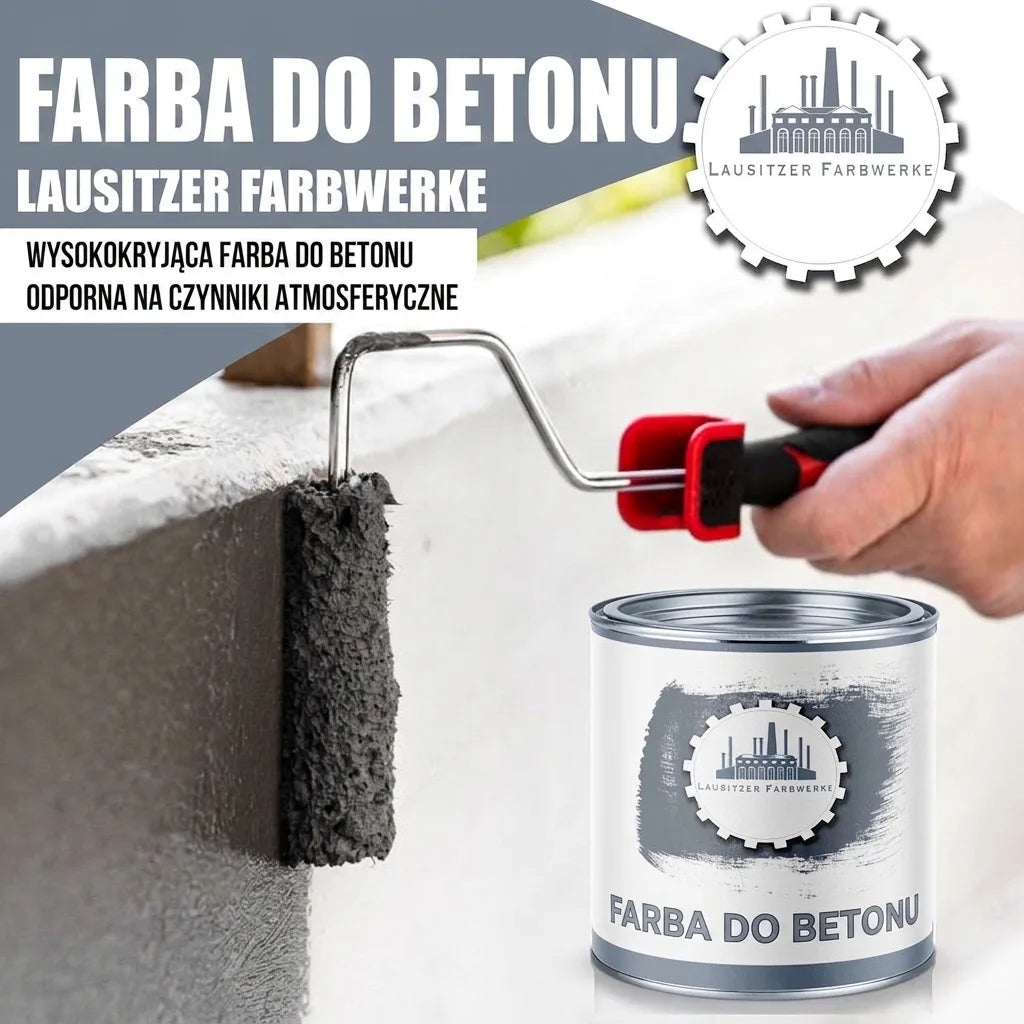 Osoba malująca beton wałkiem szarą farbą. Puszka farby do betonu Lausitzer Farbwerke, odpornej na warunki.