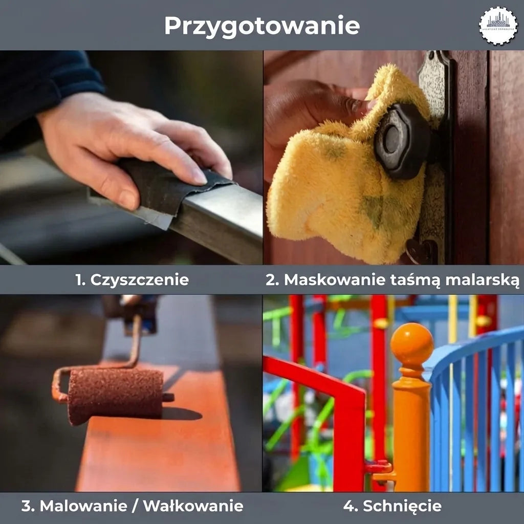 Instrukcja malowania: czyszczenie powierzchni, zabezpieczanie taśmą, malowanie wałkiem, suszenie. Kolorowe balustrady.
