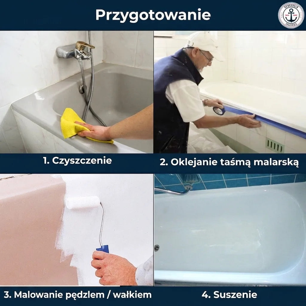 Przygotowanie wanny do malowania: czyszczenie, zakrywanie taśmą, malowanie wałkiem i suszenie.