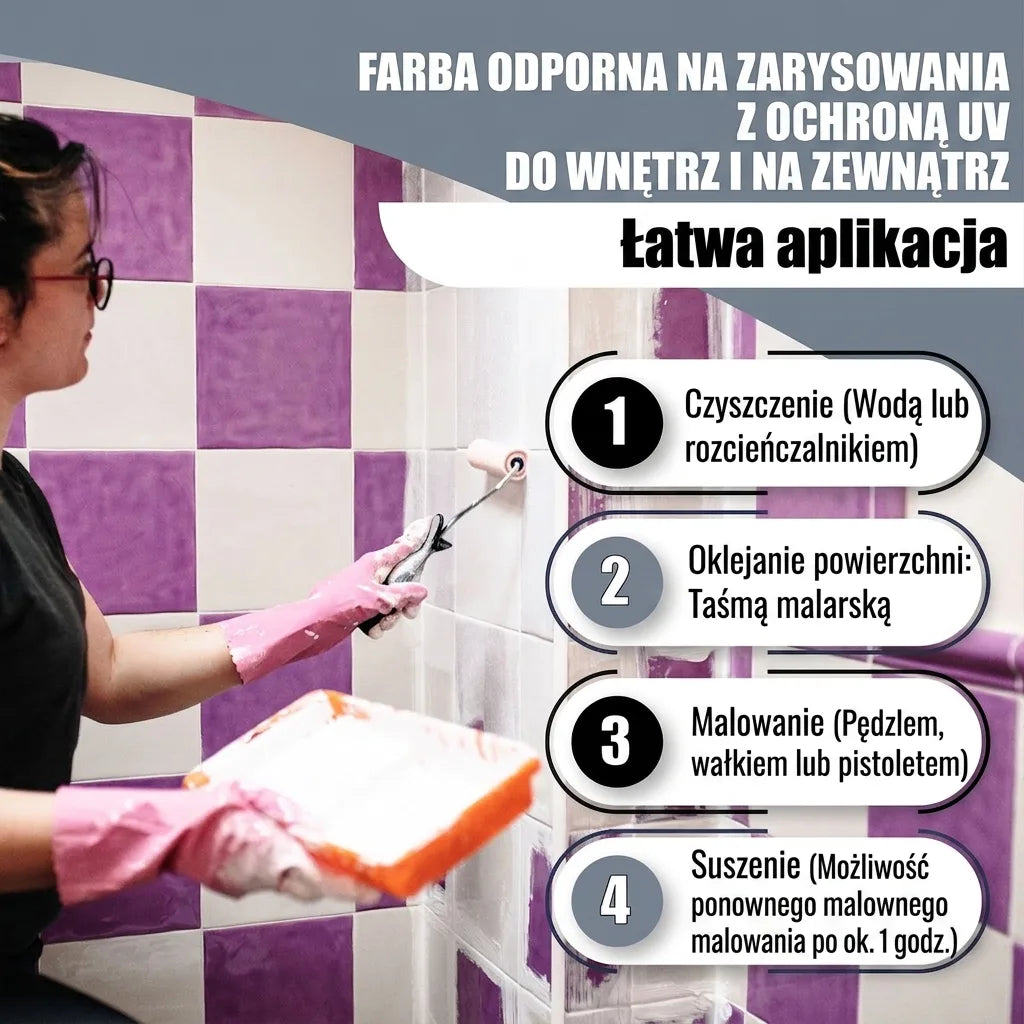 Odporna na zarysowania farba UV do wnętrz i na zewnątrz. Instrukcja krok po kroku: czyszczenie, maskowanie, malowanie, suszenie.