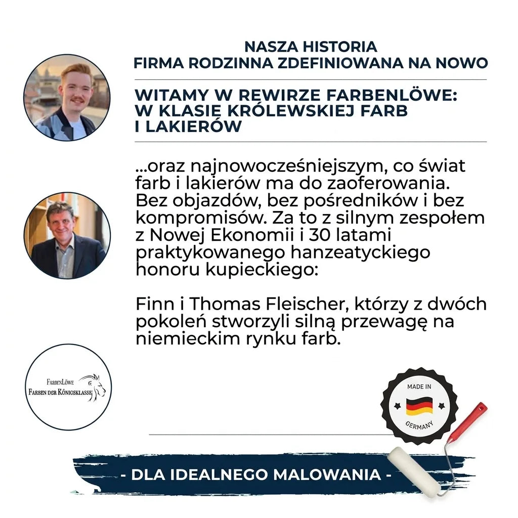 Grafika niemieckiej firmy rodzinnej FarbenLöwe: farby i lakiery, dwie generacje. Wysoka jakość, Made in Germany.