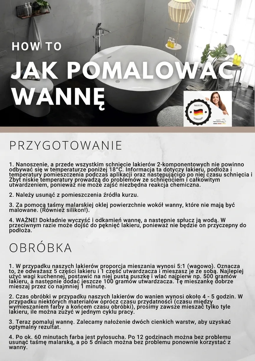 Instrukcje krok po kroku w języku niemieckim, jak pomalować wannę, z obrazkiem łazienki.