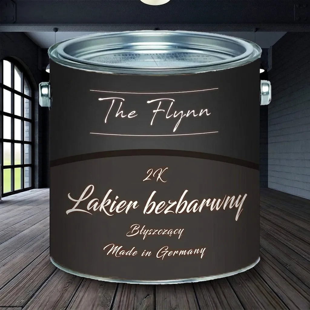 Ciemna puszka farby „The Flynn 2K Klarlack Glänzend” (bezbarwny lakier dwuskładnikowy, błyszczący, Made in Germany)