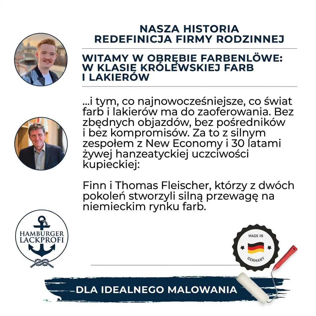 Opis Farbenlöwe: rodzinna firma redefiniująca farby i lakiery, z wizerunkami Finn i Thomas Fleischer, 'Made in Germany'.