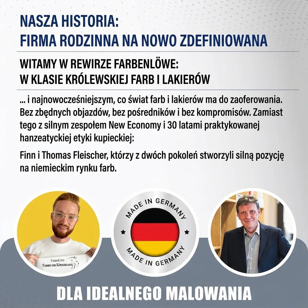 Historia firmy Farbenlöwe, rodzinnego biznesu redefiniującego rynek farb, z wizerunkami założycieli.