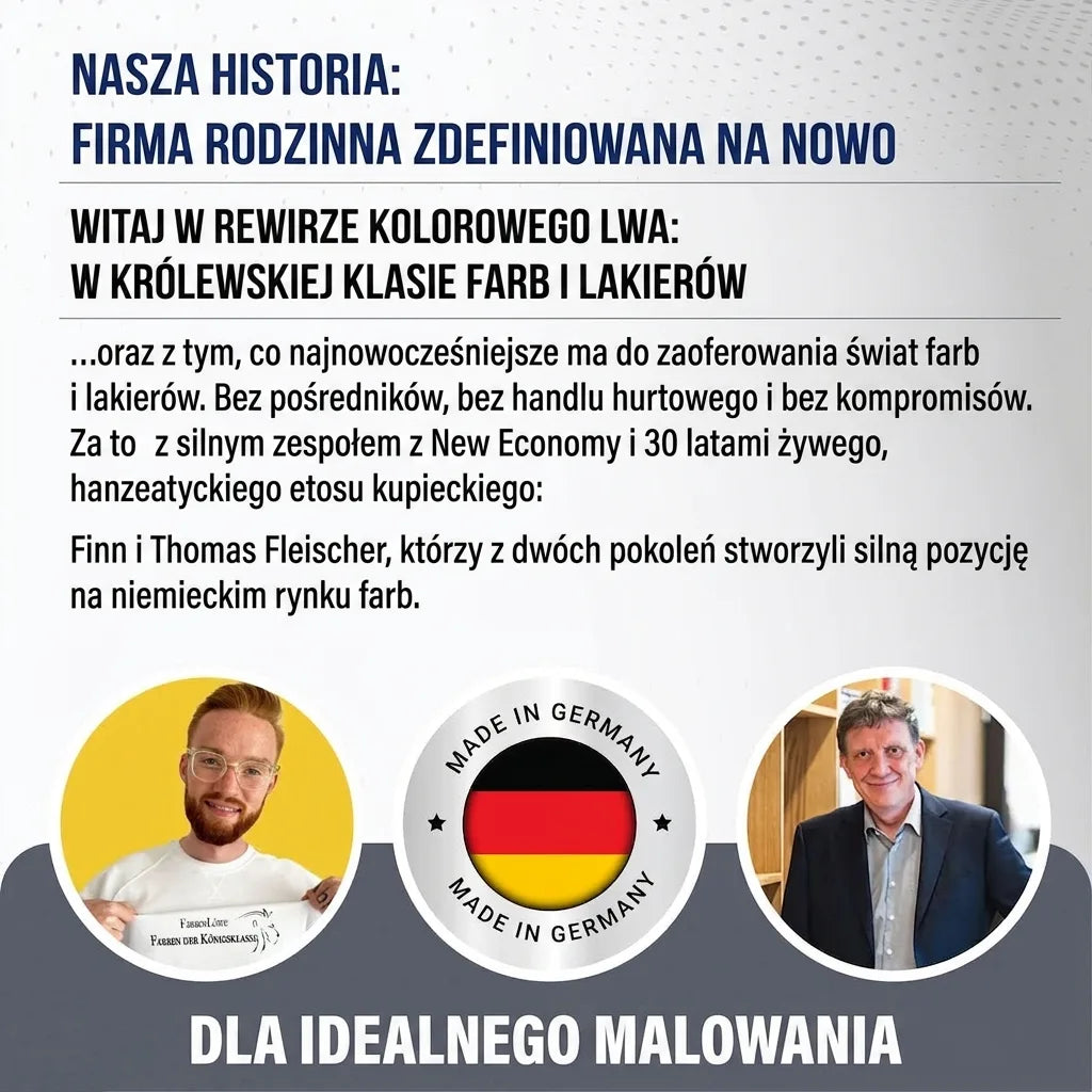 Niemiecka firma Farbenlöwe, nagłówki o redefinicji biznesu, tekst o farbach i lakierach, dwóch mężczyzn, 'Made in Germany'.