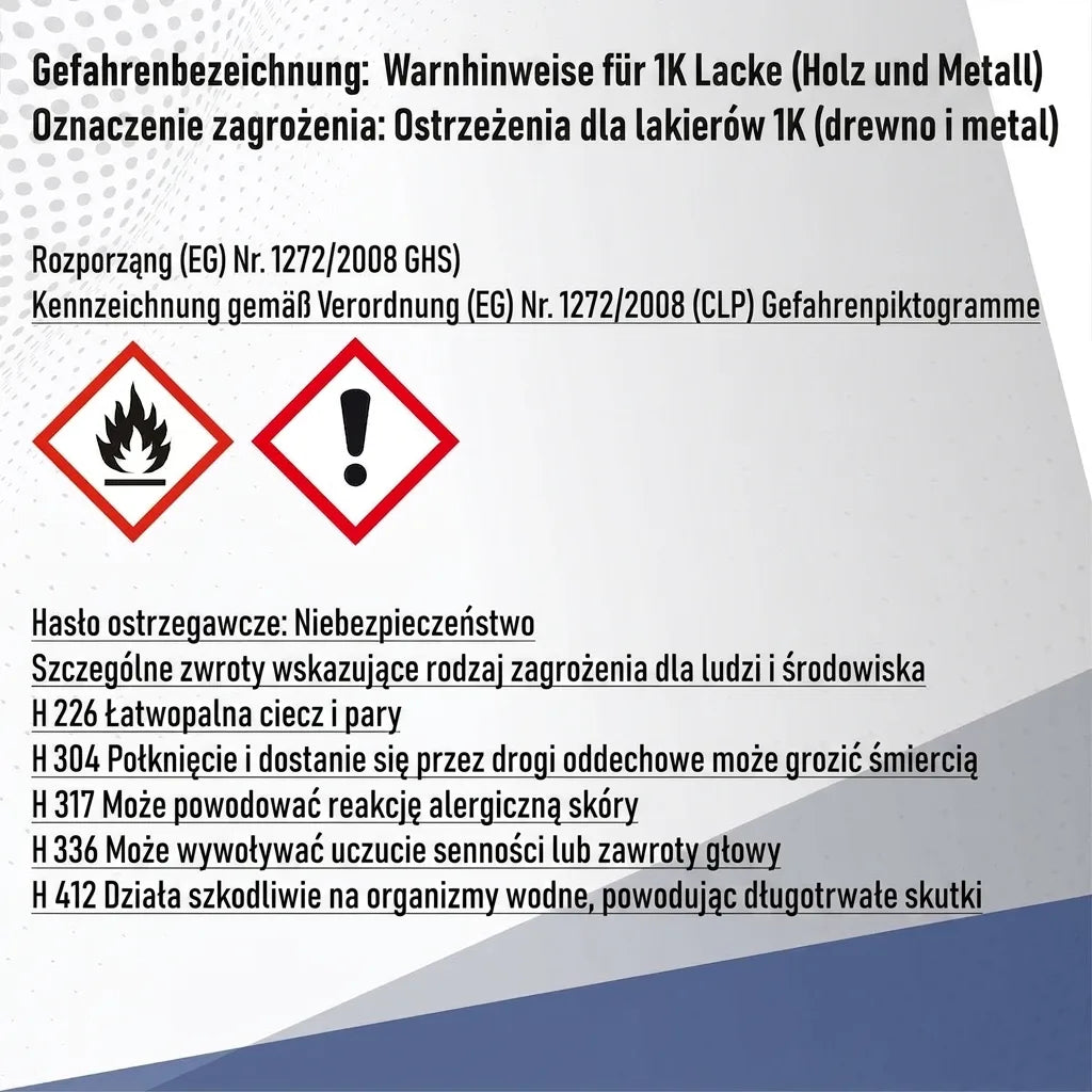 Oznaczenie zagrożenia i ostrzeżenia dla lakierów 1K (drewno i metal), z piktogramami GHS i informacjami o zagrożeniach.