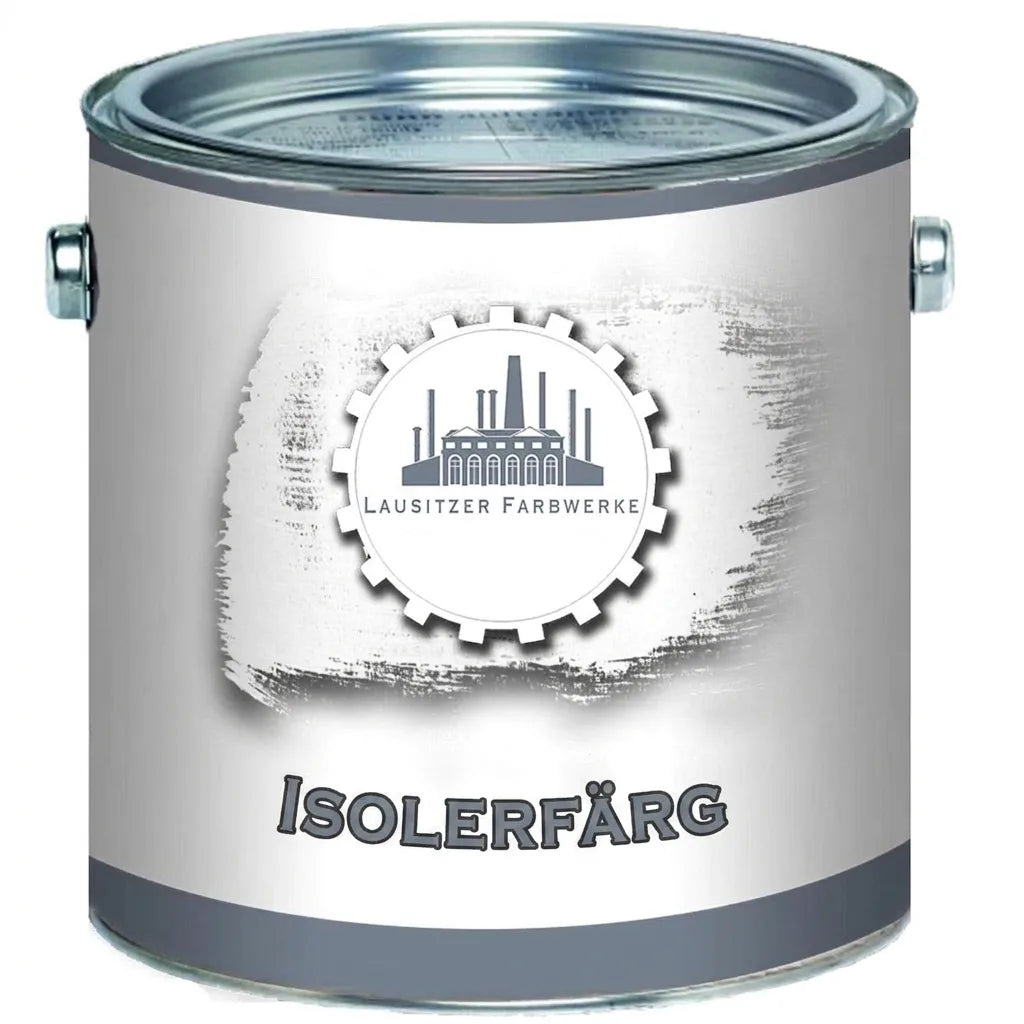Vit färgburk från Lausitzer Farbwerke med etikett för Isolerfärg (isolerande färg).