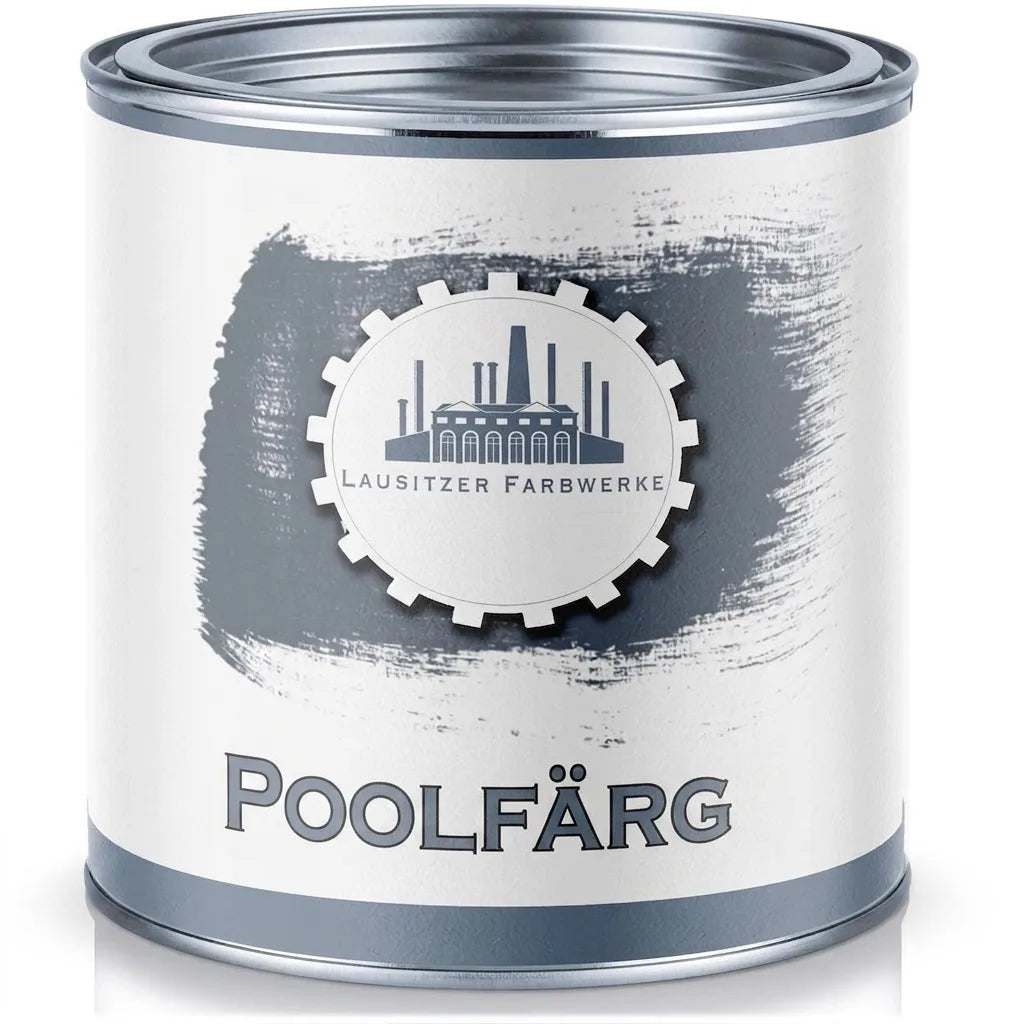 Burk med grå Poolfärg från Lausitzer Farbwerke. Reflekterande vit bakgrund.