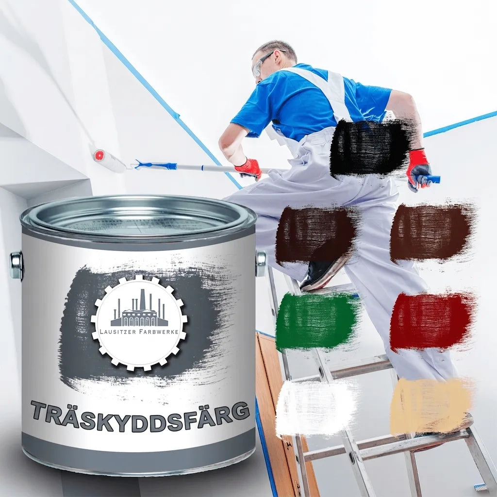 Målare på stege målar vägg. Färgburk med träskyddsfärg och flera färgrutor i olika nyanser.